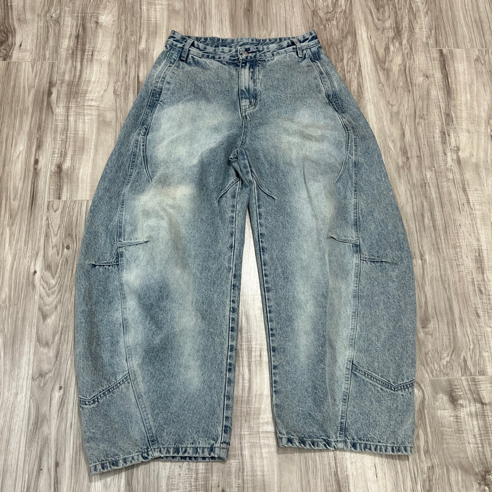 Supermade Curved Wide Leg Jeans Mens XL Acid Wash Baggy Barrel Fit Streetwear